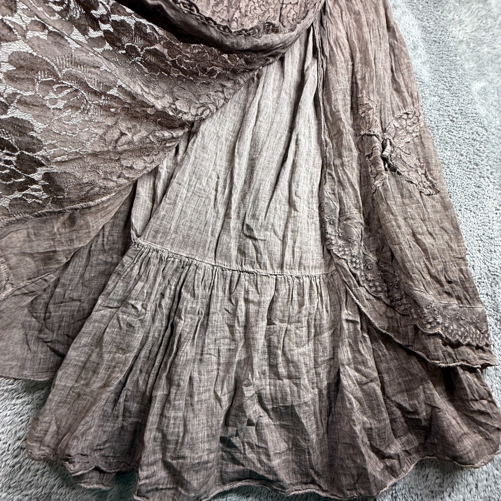 Boho Fairy Maxi Skirt Made in Italy Lace Embroidery Crinkle Cotton Taupe S/M - Picture 7 of 7